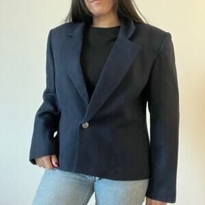 Vintage Koret Navy Blue Wool Blazer Jacket Short Dark Academia Preppy